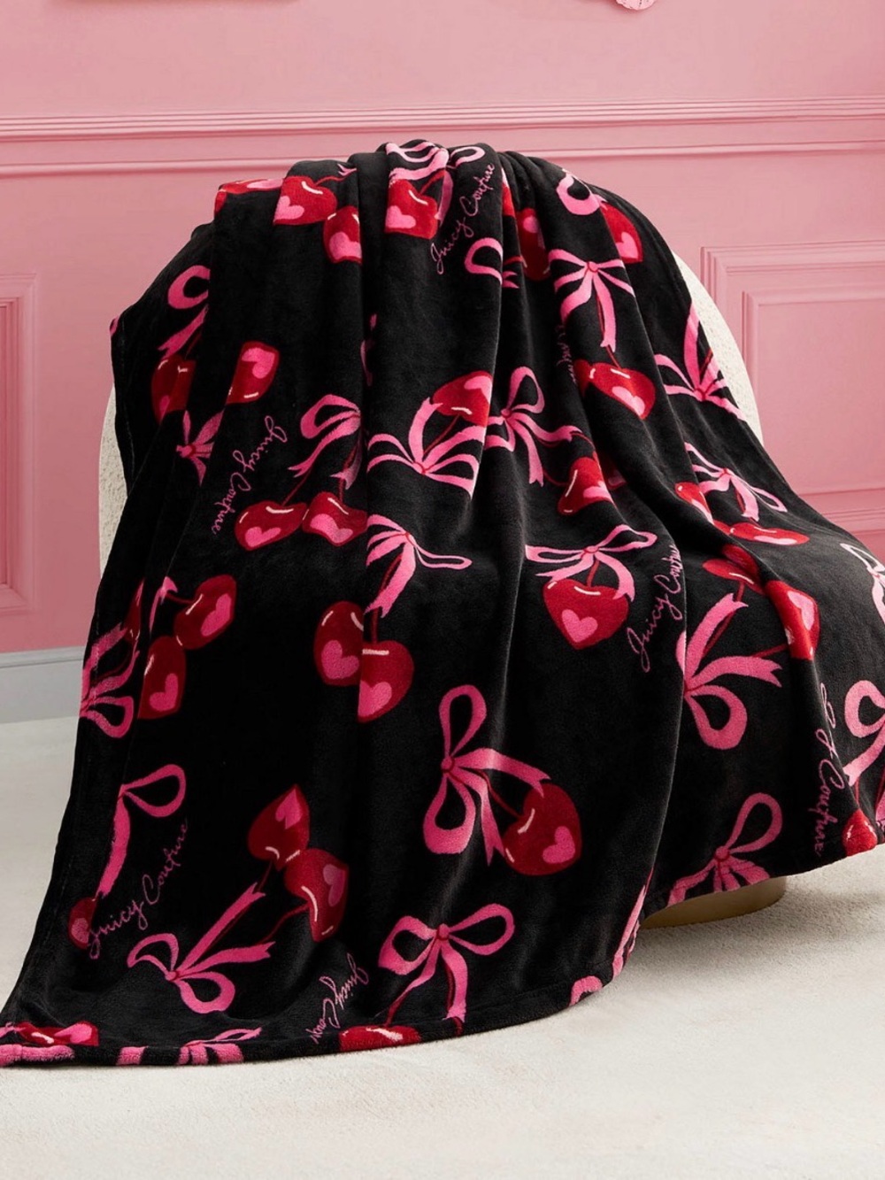 Juicy Couture Black Throw with Pink Bows and Red Cherries